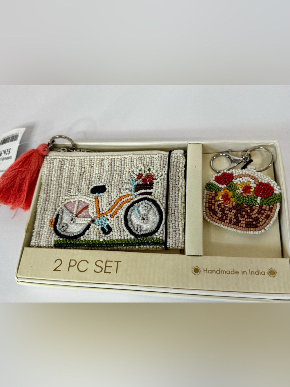 Beaded Bicycle Coin Purse and Floral Keychain Set - Coral Tassel